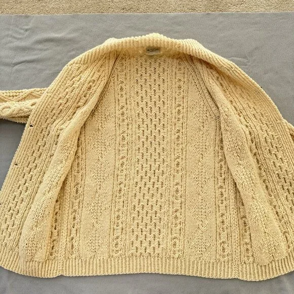 Vintage Irish Wool Sweater Hand Knit Cardigan Collar Ivory Chunky Fisherman READ - Picture 9 of 16